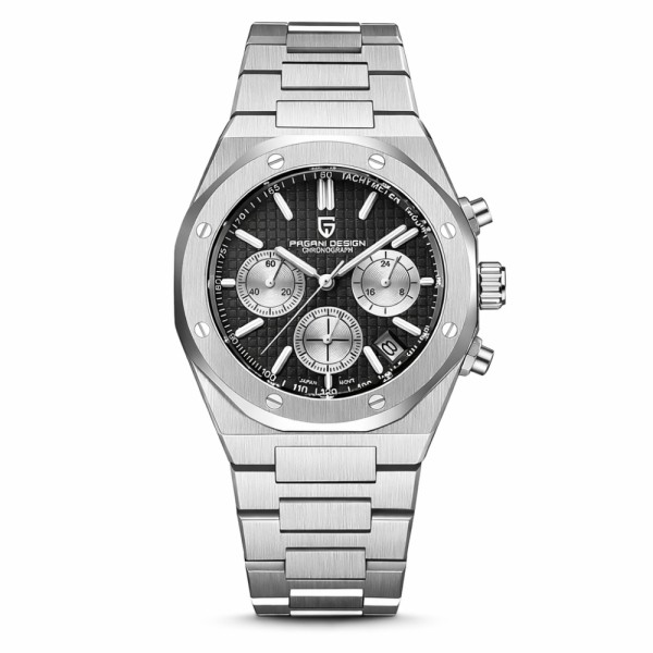 Мужские часы Pagani Design PD-1707 Silver-Black с сапфировым стеклом и хронографом SEIKO VK63