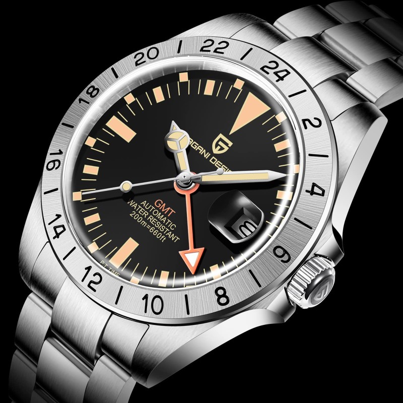 Мужские механические часы Pagani Design PD-1693 Silver-Black-Orange с сапфировым стеклом и GMT