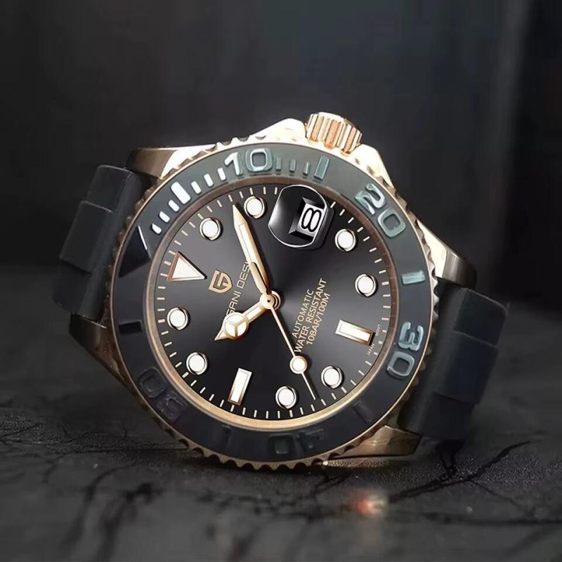Мужские часы Pagani Design PD-1651 Gold-Black Silicone с сапфировым стеклом и механизмом SEIKO NH35