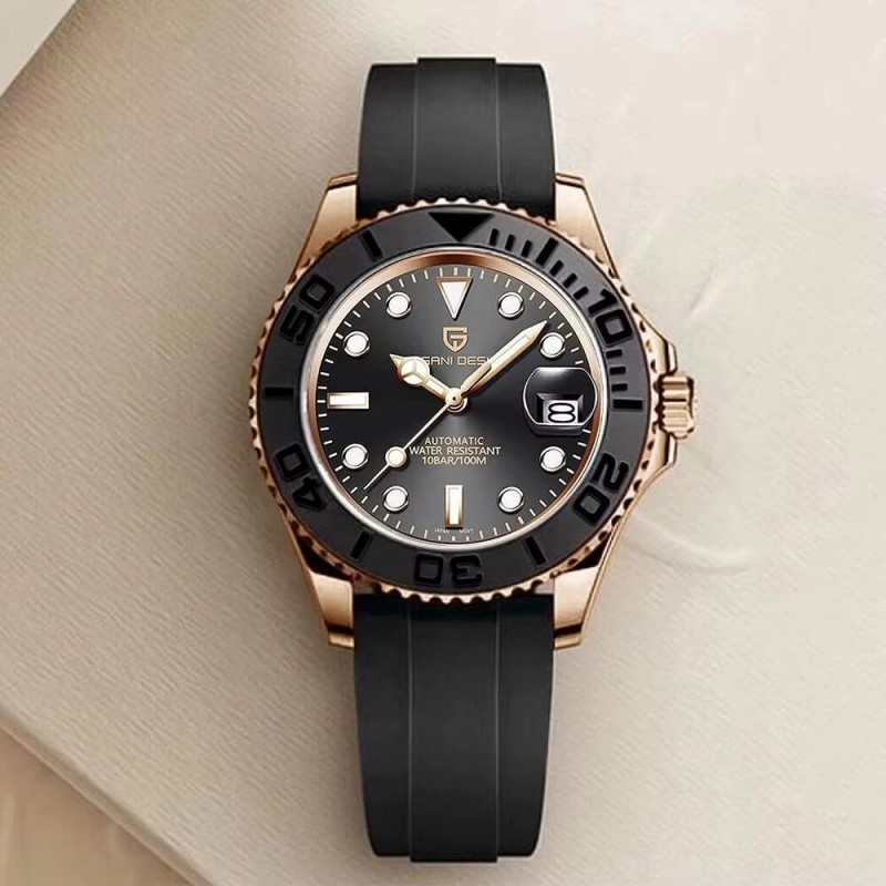 Мужские часы Pagani Design PD-1651 Gold-Black Silicone с сапфировым стеклом и механизмом SEIKO NH35