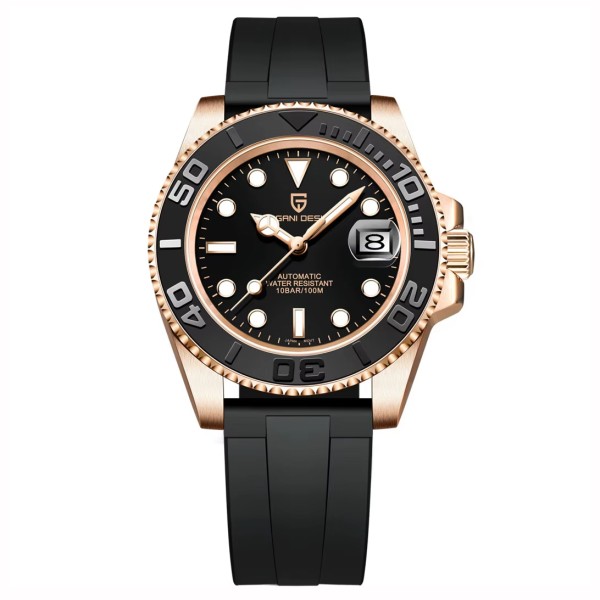 Мужские часы Pagani Design PD-1651 Gold-Black Silicone с сапфировым стеклом и механизмом SEIKO NH35