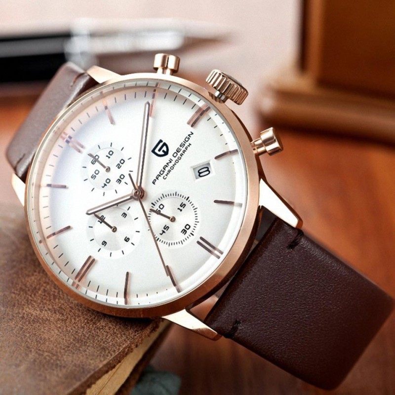 Мужские часы Pagani Design PD-2720 Gold-White-Brown с хронографом SEIKO VK67