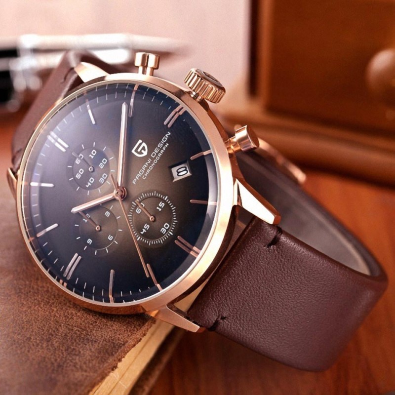 Мужские часы Pagani Design PD-2720 Gold-Black-Brown с хронографом и механизмом SEIKO VK67