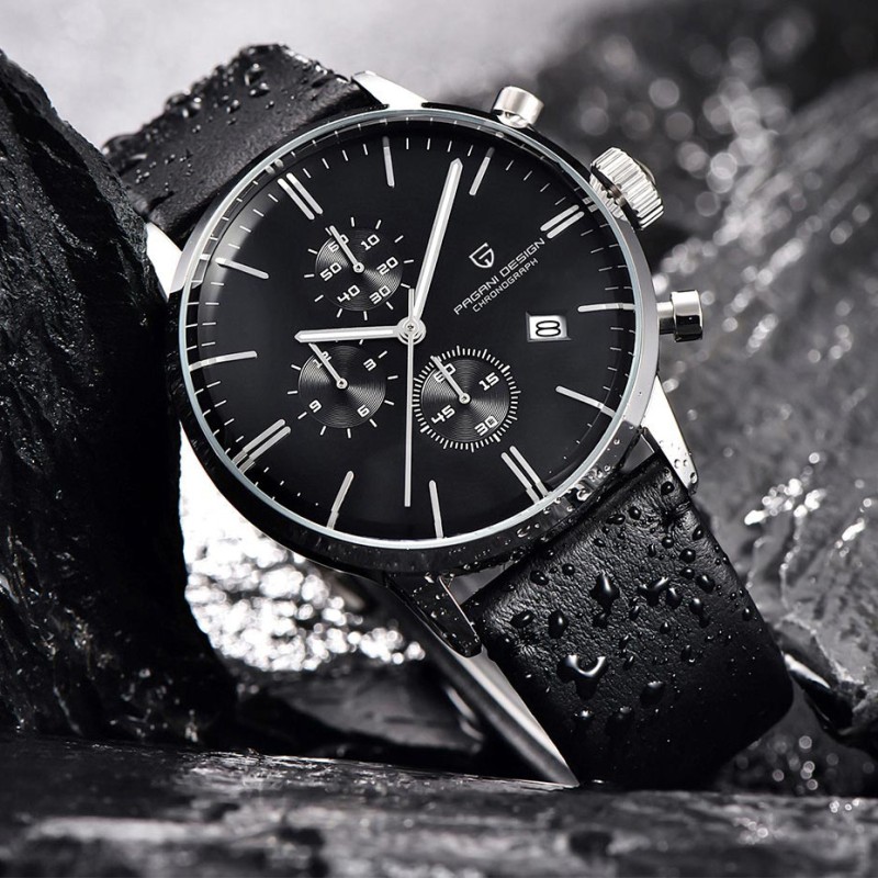 Мужские часы Pagani Design PD-2720 Silver-Black-Black с хронографом SEIKO VK67 и кожаным ремешком