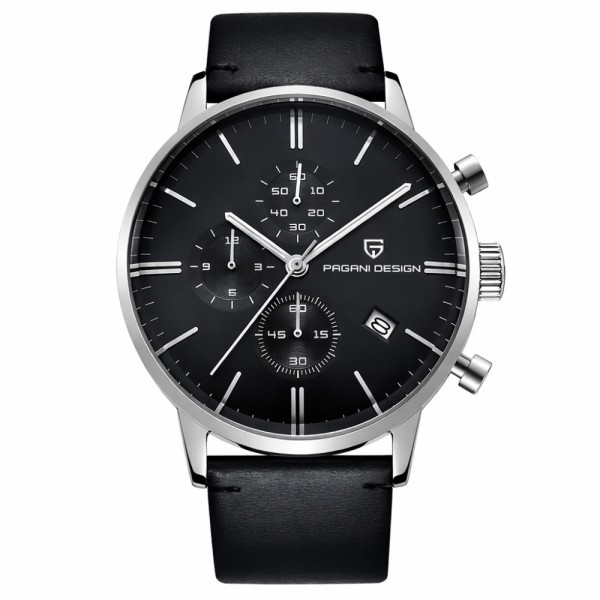 Мужские часы Pagani Design PD-2720 Silver-Black-Black с хронографом SEIKO VK67 и кожаным ремешком
