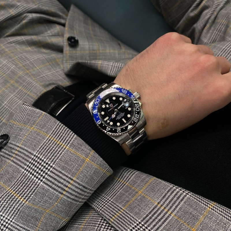 Мужские механические часы Pagani Design PD-1662 Silver-Blue-Black с GMT и сапфировым стеклом