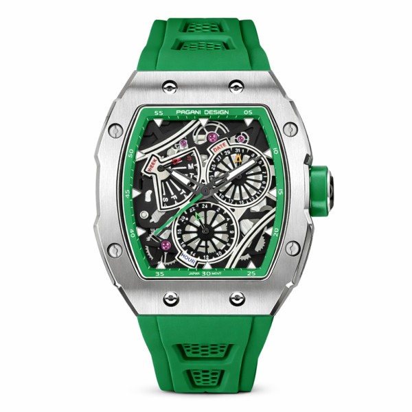 Мужские часы Pagani Design PD-YS012 Silver-Green с сапфировым стеклом и механизмом Seiko VH88