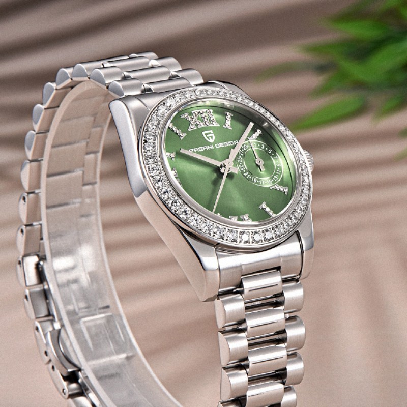 Жіночий годинник Pagani Design PD-1776 Silver-Green із сапфіровим склом та механізмом Seiko