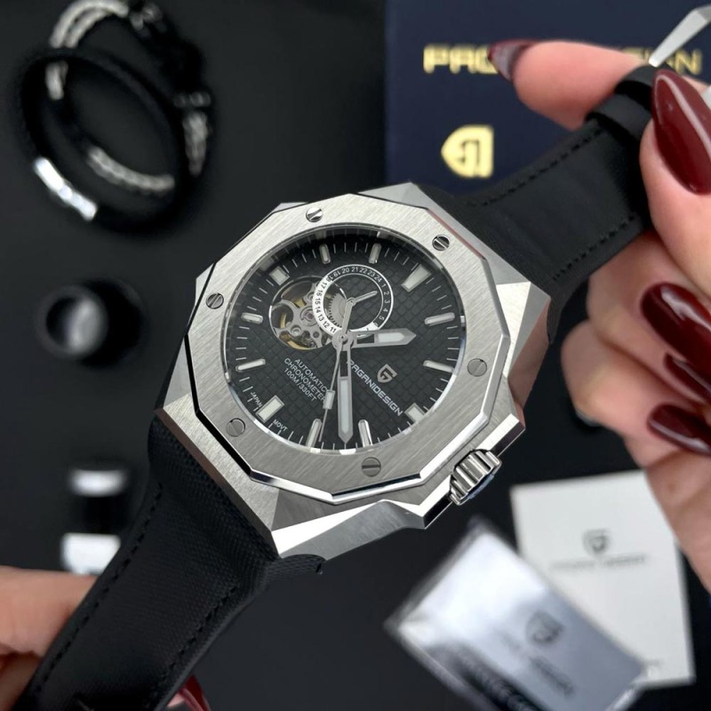 Мужские механические часы Pagani Design PD-YS010 Silver-Black с сапфировым стеклом и автоподзаводом