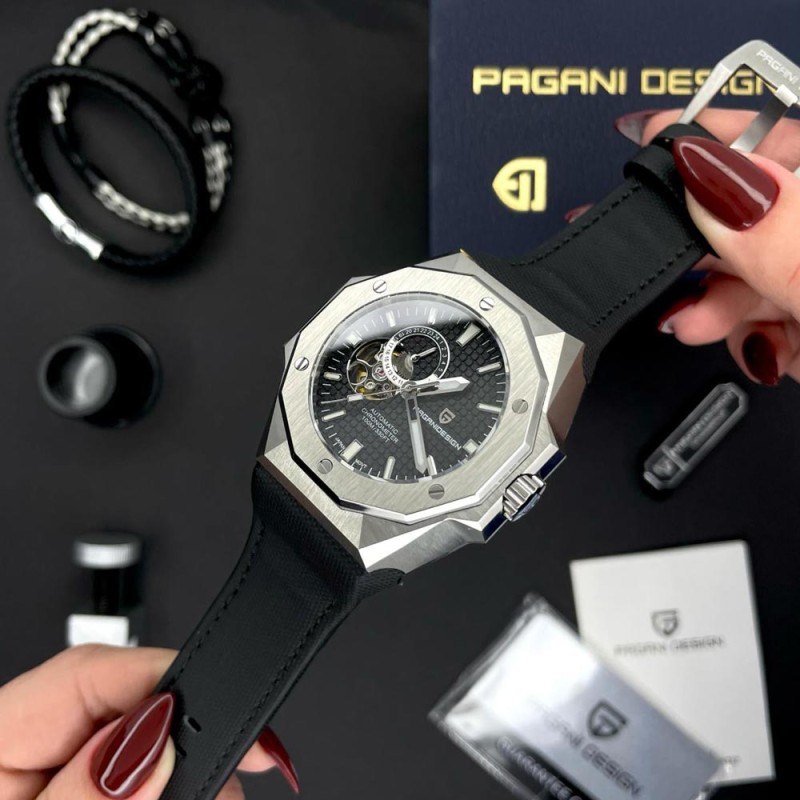 Мужские механические часы Pagani Design PD-YS010 Silver-Black с сапфировым стеклом и автоподзаводом