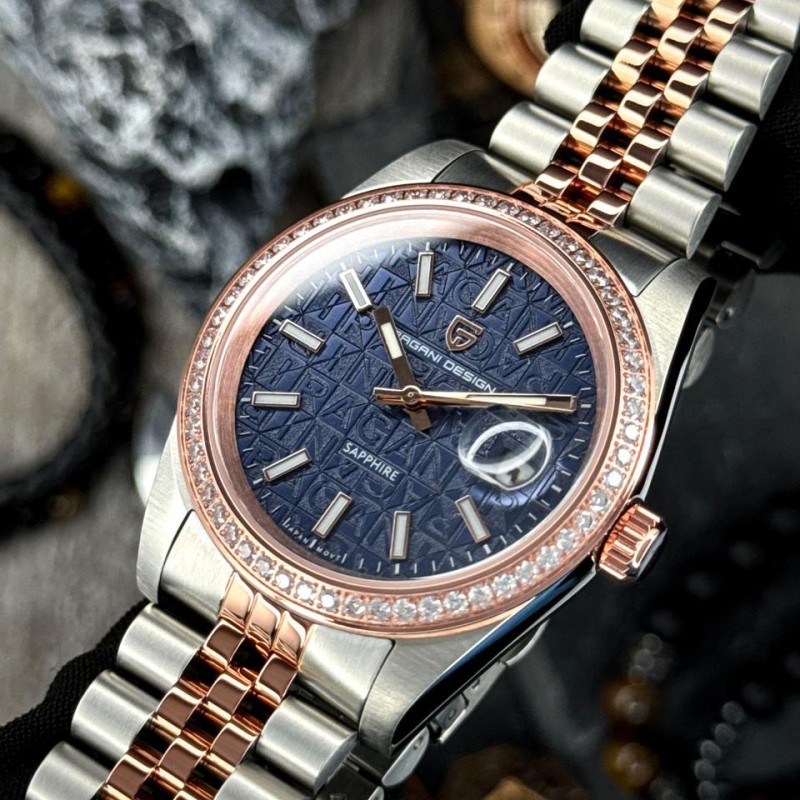 Мужские часы Pagani Design PD-1794M Silver-Rose Gold-Blue с сапфировым стеклом и механизмом Miyota