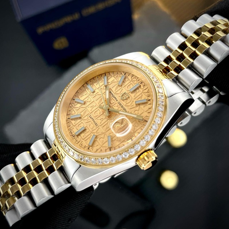 Мужские часы Pagani Design PD-1794M Silver-Gold-Gold с сапфировым стеклом и механизмом Miyota