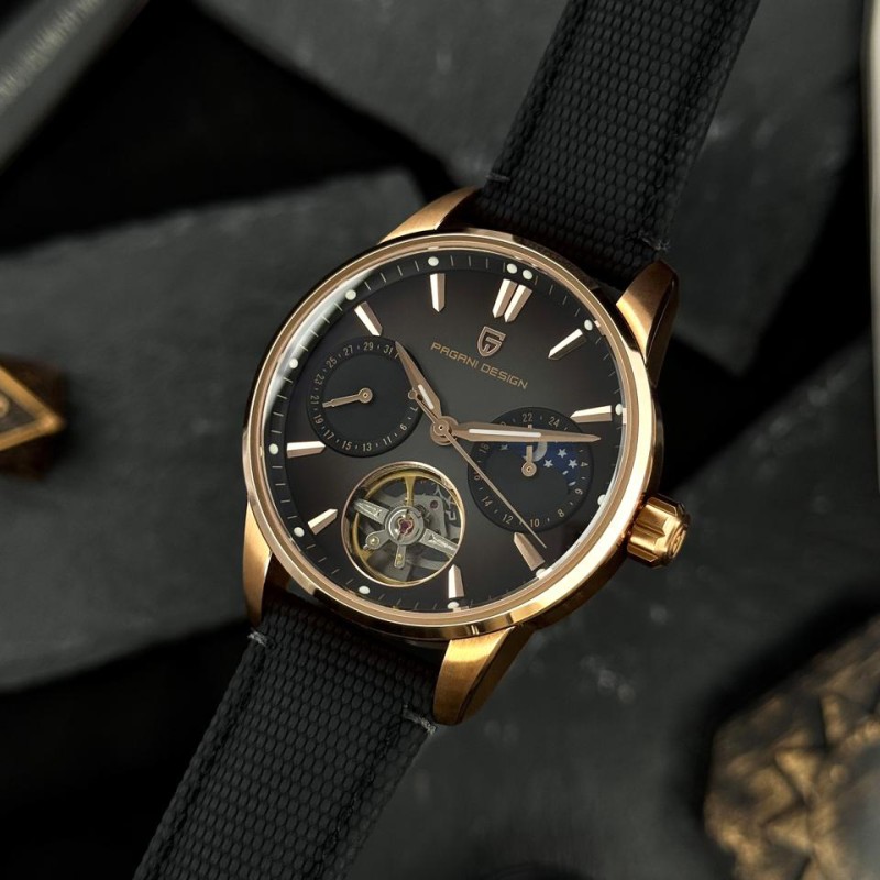 Мужские часы Pagani Design PD-YS021 Black-Gold с сапфировым стеклом и механикой с автоподзаводом