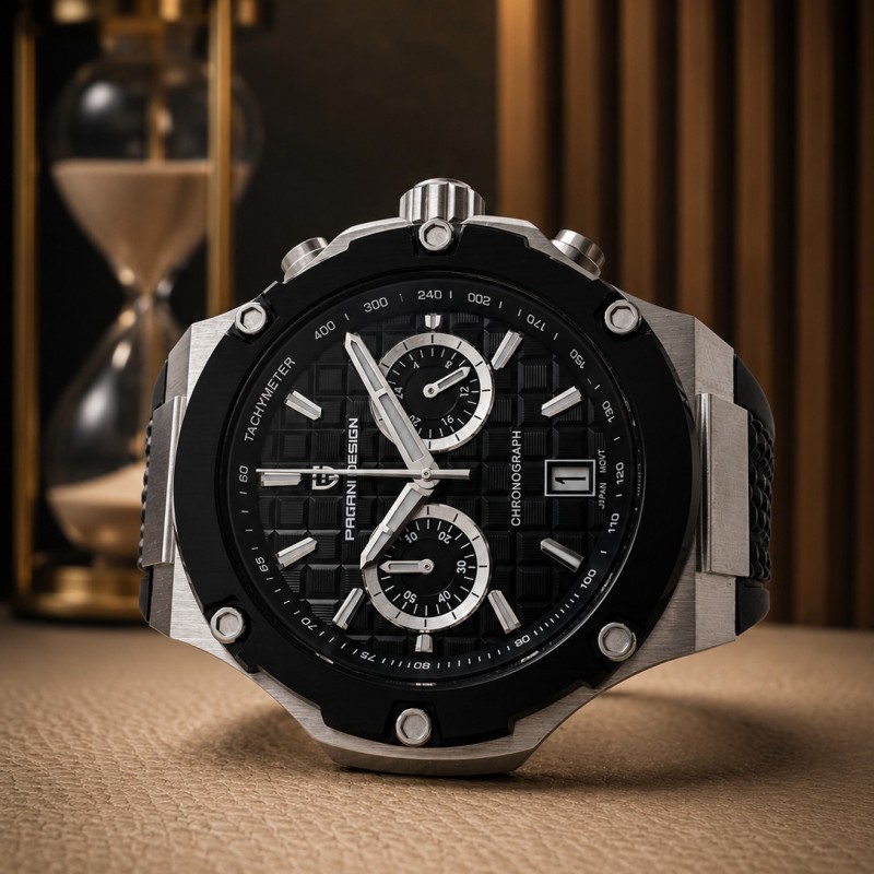 Мужские часы Pagani Design PD-YS032 Silver-Black-Black Rubber с сапфировым стеклом и хронографом