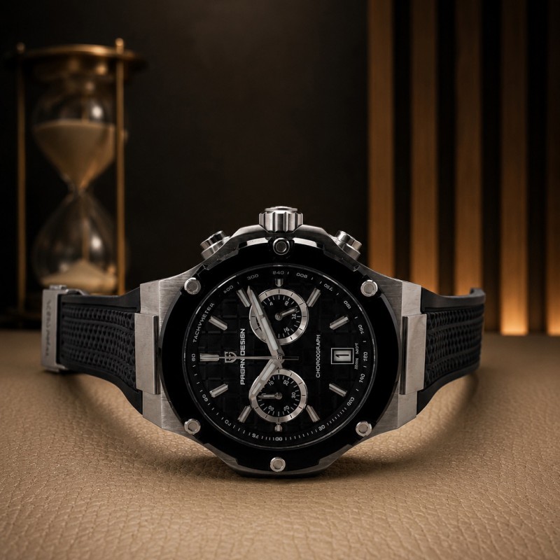 Мужские часы Pagani Design PD-YS032 Silver-Black-Black Rubber с сапфировым стеклом и хронографом