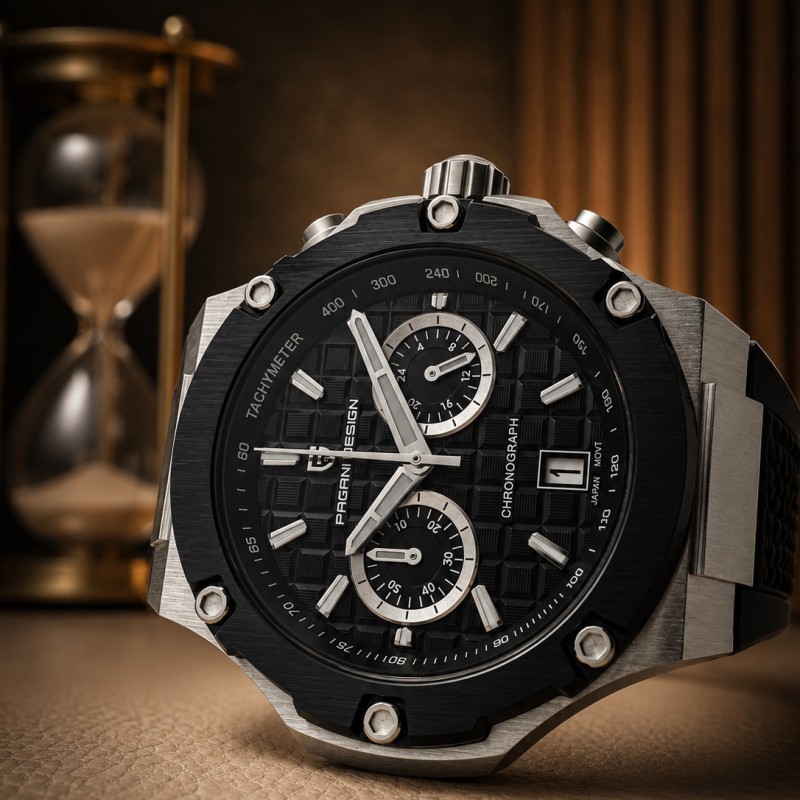 Мужские часы Pagani Design PD-YS032 Silver-Black-Black Rubber с сапфировым стеклом и хронографом