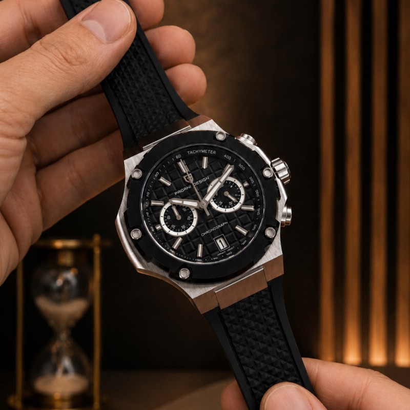 Мужские часы Pagani Design PD-YS032 Silver-Black-Black Rubber с сапфировым стеклом и хронографом