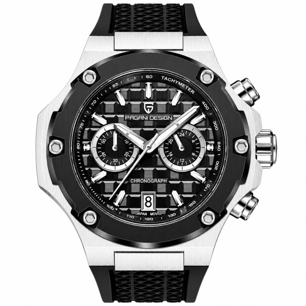 Мужские часы Pagani Design PD-YS032 Silver-Black-Black Rubber с сапфировым стеклом и хронографом