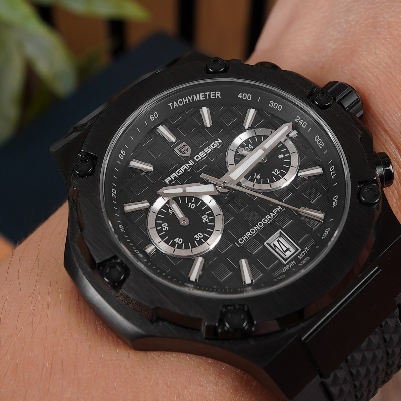 Мужские часы Pagani Design PD-YS032 Black-Black-Black Rubber с сапфировым стеклом и хронографом
