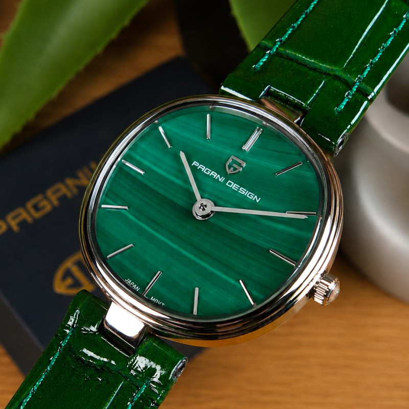 Жіночий годинник Pagani Design PD-1825 Silver-Green Leather із сапфіровим склом та японським механізмом