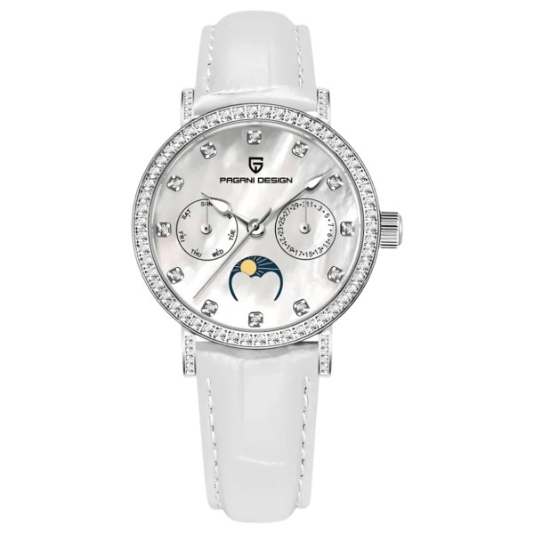 Жіночий годинник Pagani Design PD-1789 Silver-White-White Leather з сапфіровим склом та фазами Місяця