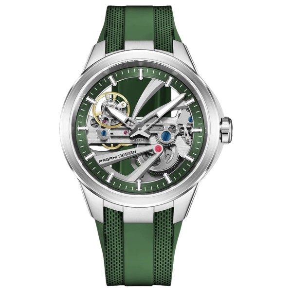 Чоловічий годинник Pagani Design PD-YS030 Silver-Green Rubber з сапфіровим склом та автопідзаводом