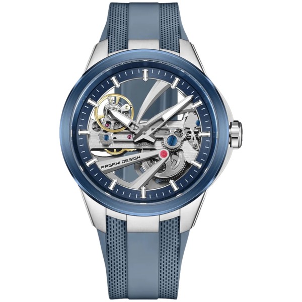 Мужские часы Pagani Design PD-YS030 Silver-Blue Rubber с сапфировым стеклом и автоподзаводом