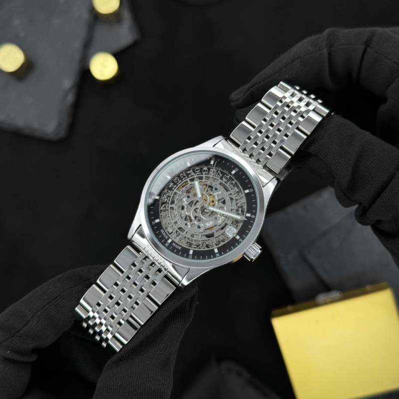 Мужские механические часы Skrox 7049 Silver-Black с автоподзаводом и стальным браслетом