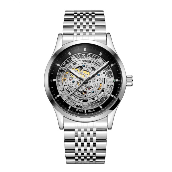 Мужские механические часы Skrox 7049 Silver-Black с автоподзаводом и стальным браслетом
