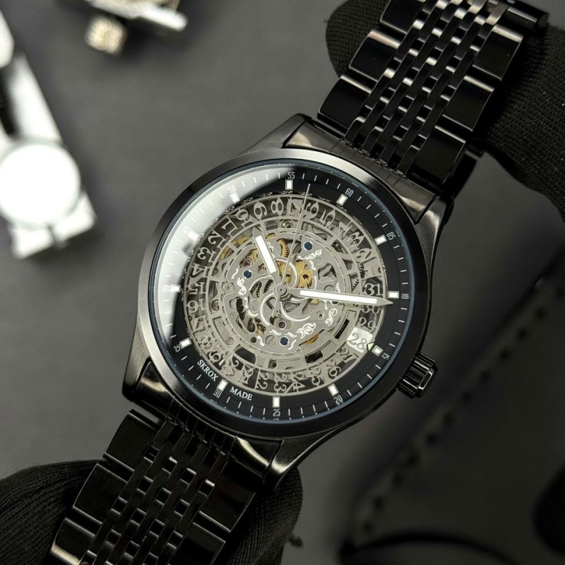 Мужские механические часы Skrox 7049 Black с автоподзаводом и стальным браслетом