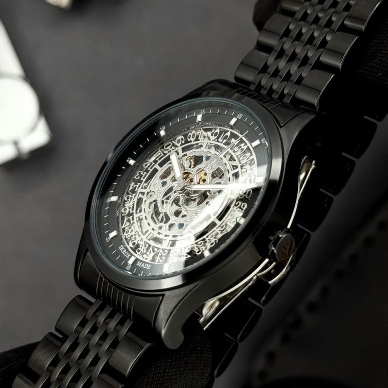 Мужские механические часы Skrox 7049 Black с автоподзаводом и стальным браслетом