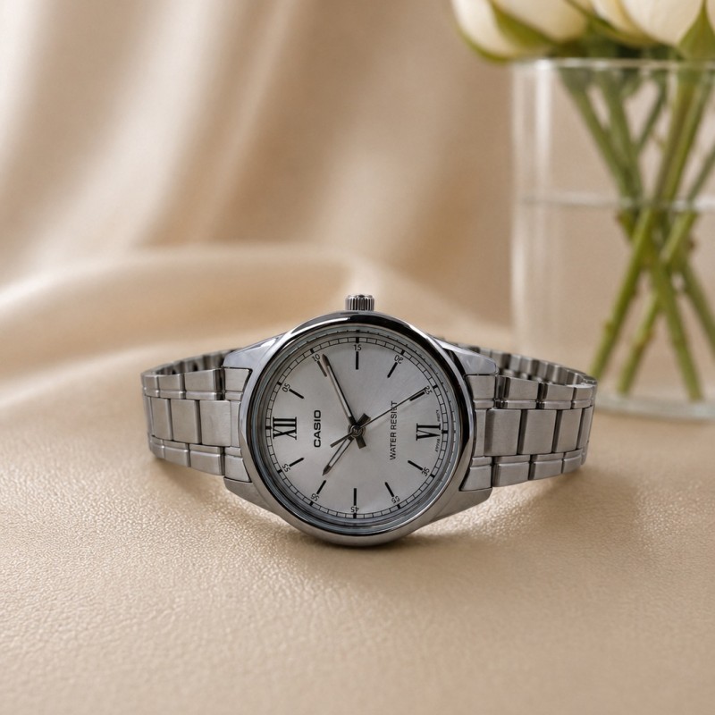 Женские часы Casio LTP-V005D-2B3 классические со стальным браслетом и синим циферблатом