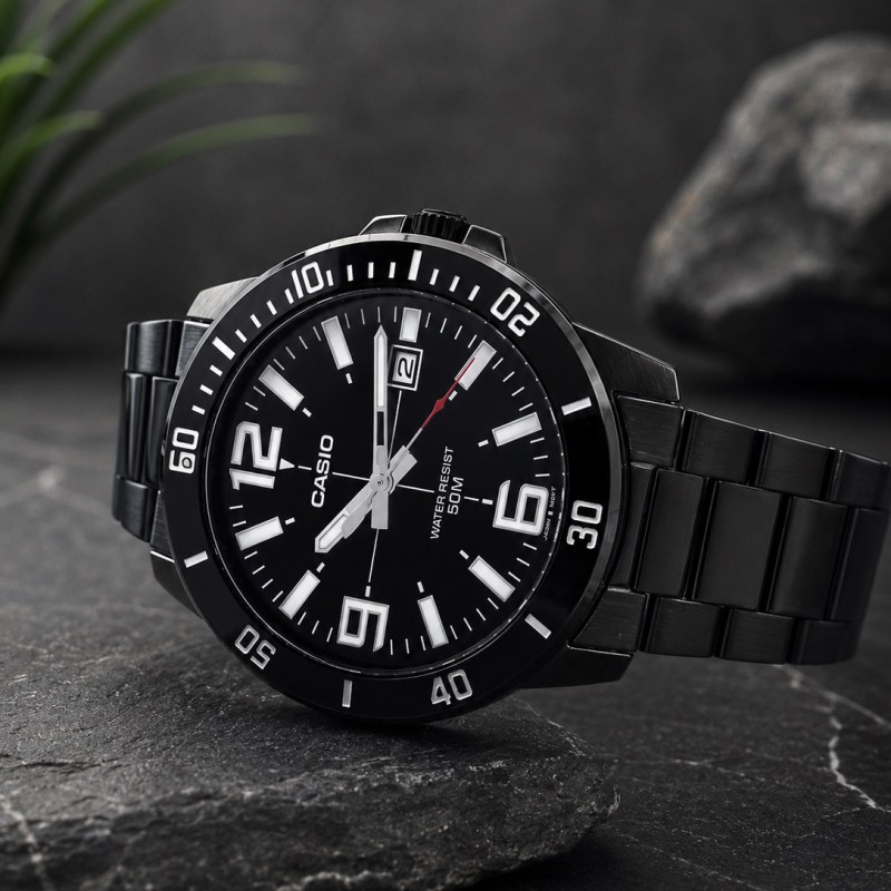 Мужские часы Casio MTP-VD01B-1B с минеральным стеклом и черным металлическим браслетом