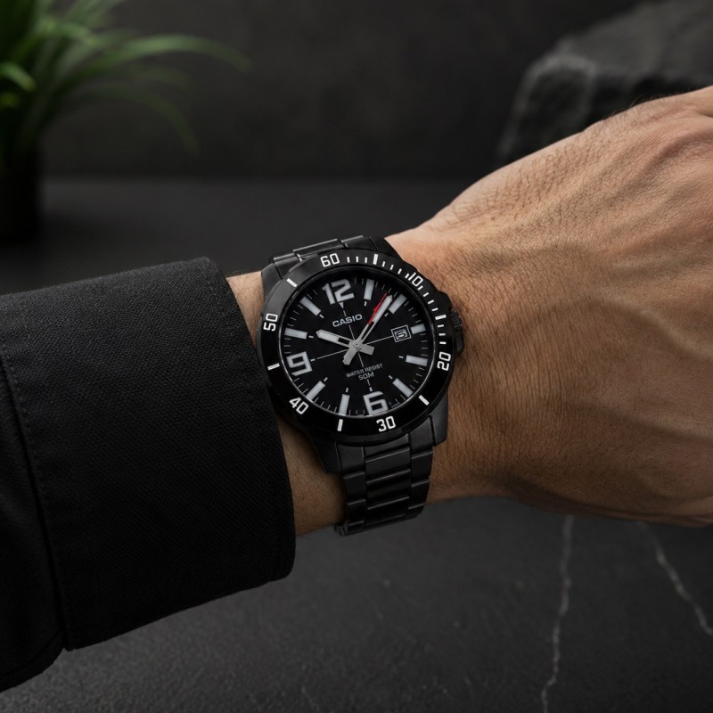 Мужские часы Casio MTP-VD01B-1B с минеральным стеклом и черным металлическим браслетом