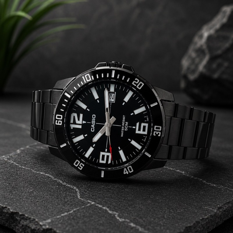 Мужские часы Casio MTP-VD01B-1B с минеральным стеклом и черным металлическим браслетом