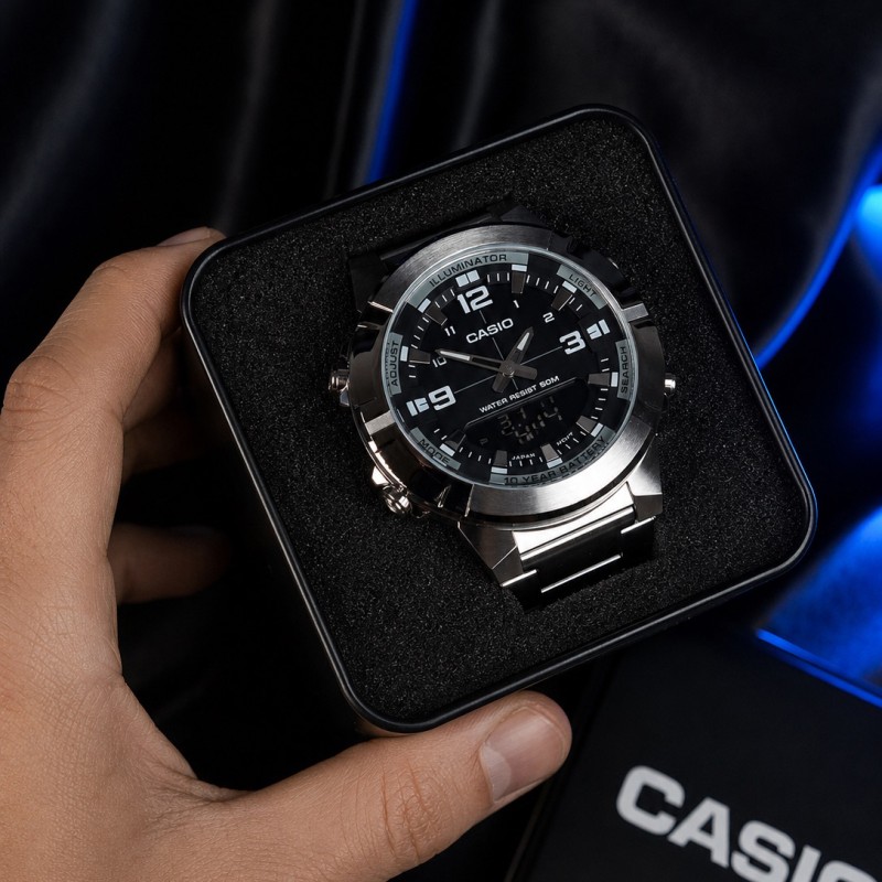 Чоловічий годинник Casio AMW-870D-1A у сталевому корпусі з комбінованим циферблатом