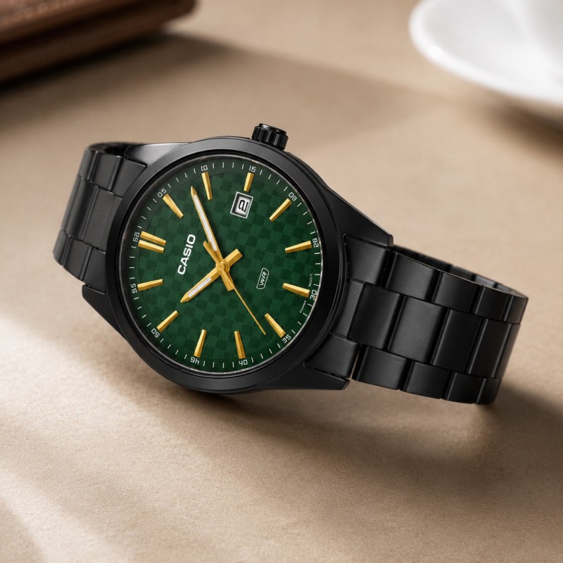 Мужские часы Casio MTP-VD03B-3A — Классическая модель с зеленым циферблатом и черным браслетом