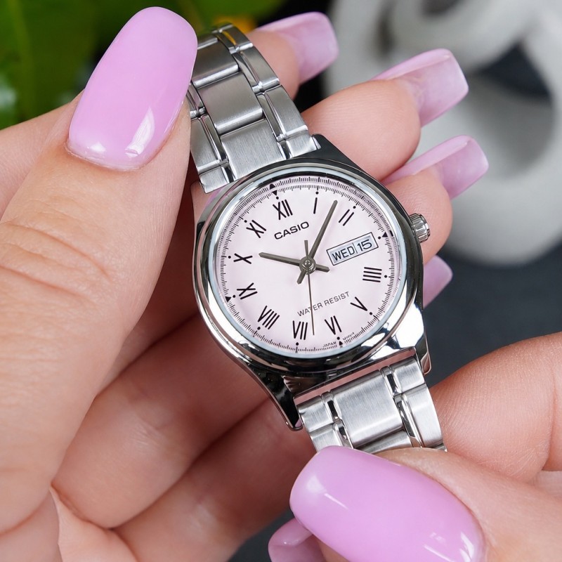 Женские часы Casio LTP-V006D-4B Classic — стальной браслет, розовый циферблат, календарь