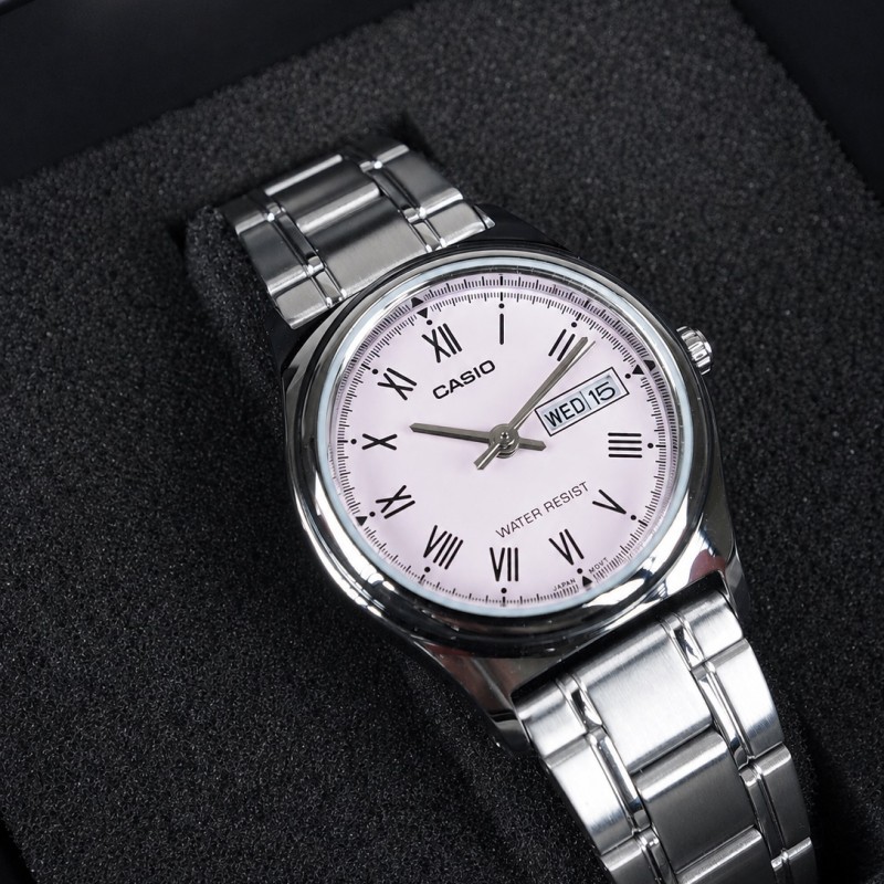 Женские часы Casio LTP-V006D-4B Classic — стальной браслет, розовый циферблат, календарь
