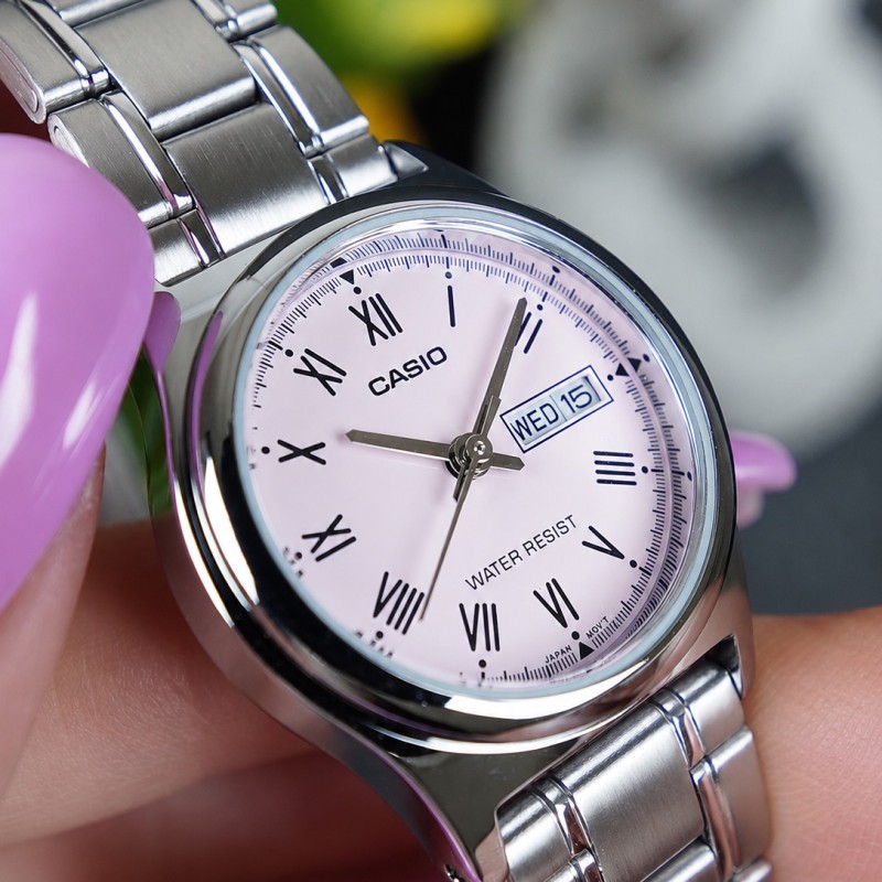 Женские часы Casio LTP-V006D-4B Classic — стальной браслет, розовый циферблат, календарь