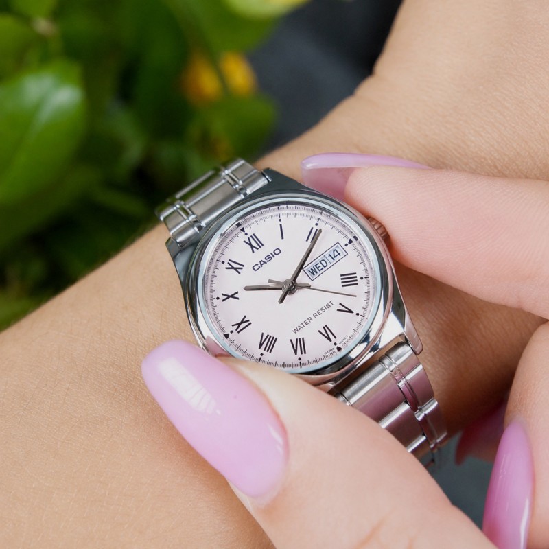 Женские часы Casio LTP-V006D-4B Classic — стальной браслет, розовый циферблат, календарь