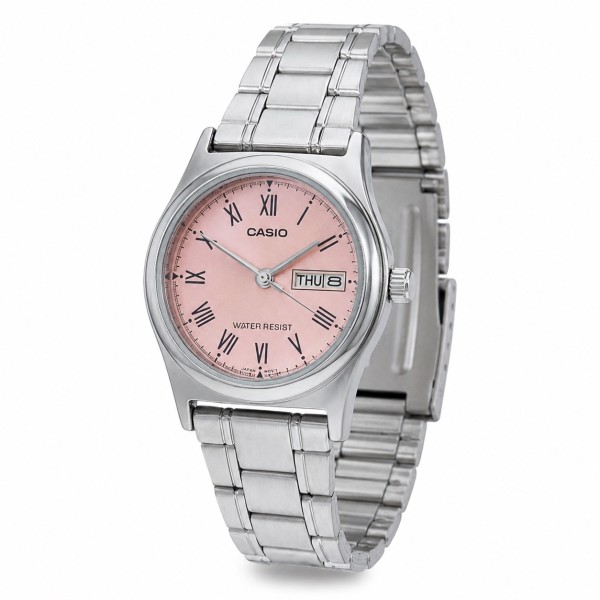 Женские часы Casio LTP-V006D-4B Classic — стальной браслет, розовый циферблат, календарь