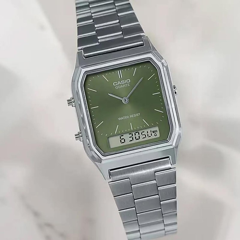 Чоловічий годинник Casio AQ-230A-3A — Сріблястий браслет та зелений циферблат, стрілково-електронний