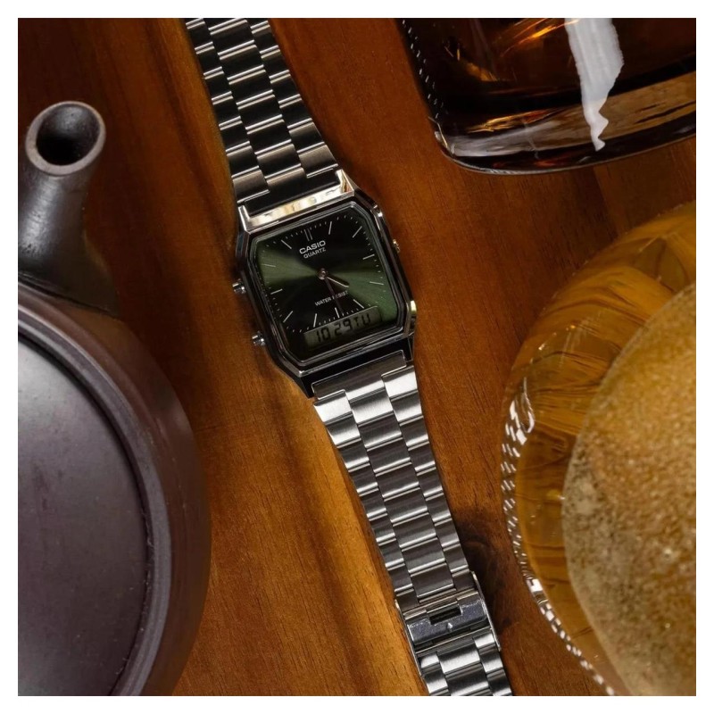 Чоловічий годинник Casio AQ-230A-3A — Сріблястий браслет та зелений циферблат, стрілково-електронний