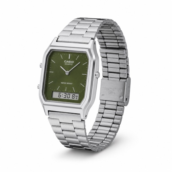 Чоловічий годинник Casio AQ-230A-3A — Сріблястий браслет та зелений циферблат, стрілково-електронний