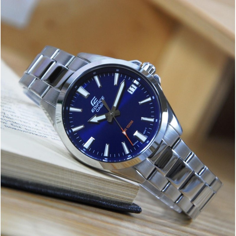 Мужские часы Casio Edifice EFV-100D-2A с синим циферблатом и стальным браслетом