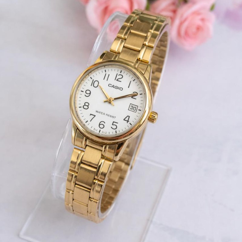 Жіночий годинник Casio LTP-V002G-7B2 з золотистим покриттям та відображенням дати