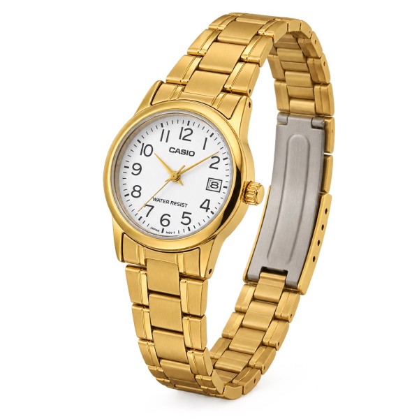 Жіночий годинник Casio LTP-V002G-7B2 з золотистим покриттям та відображенням дати