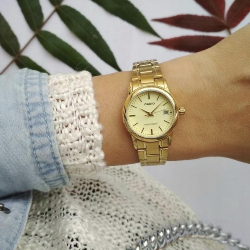 Женские часы Casio LTP-V002G-9A золотистые с датой и минеральным стеклом