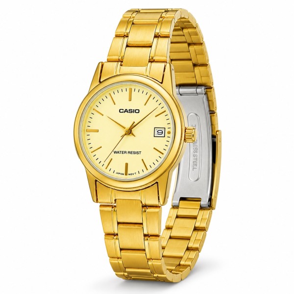 Женские часы Casio LTP-V002G-9A золотистые с датой и минеральным стеклом